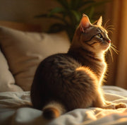 Chat assis sur un lit près d’une fenêtre